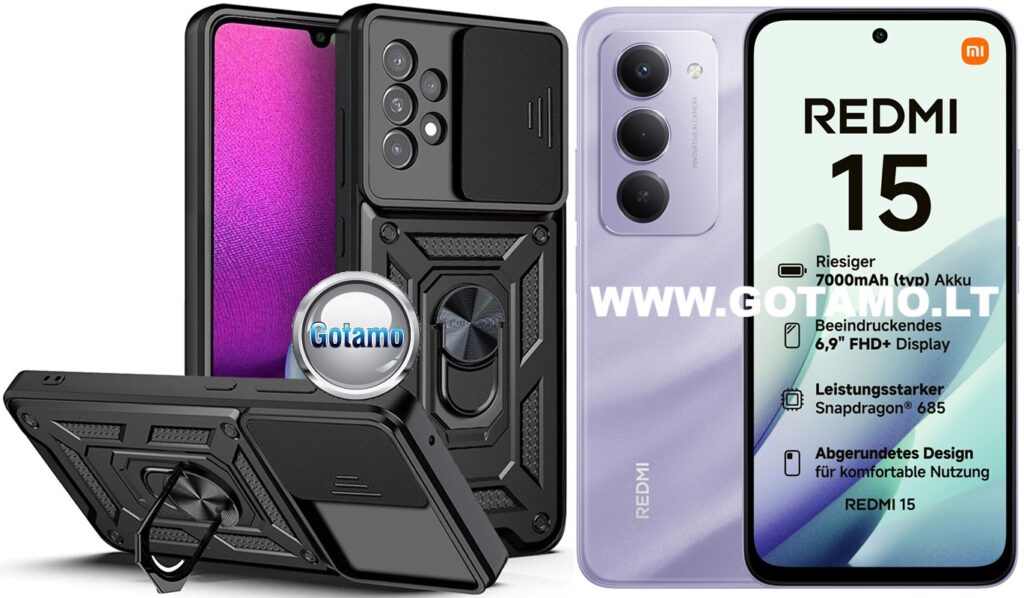 B-Ultra dėklas-šarvai Xiaomi Redmi 15 4G su žiedu ir kameros apsauga, juodas