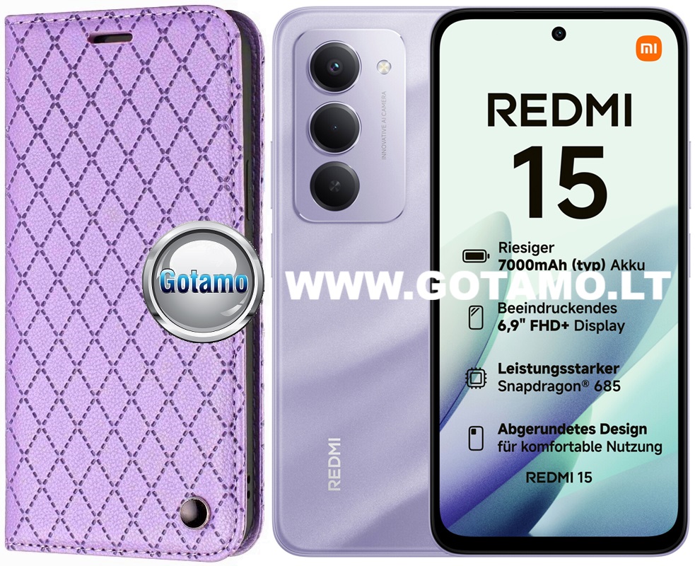 Dalton magnetinis dėklas knygelė Xiaomi Redmi 15 4G – levandų violetinės spalvos