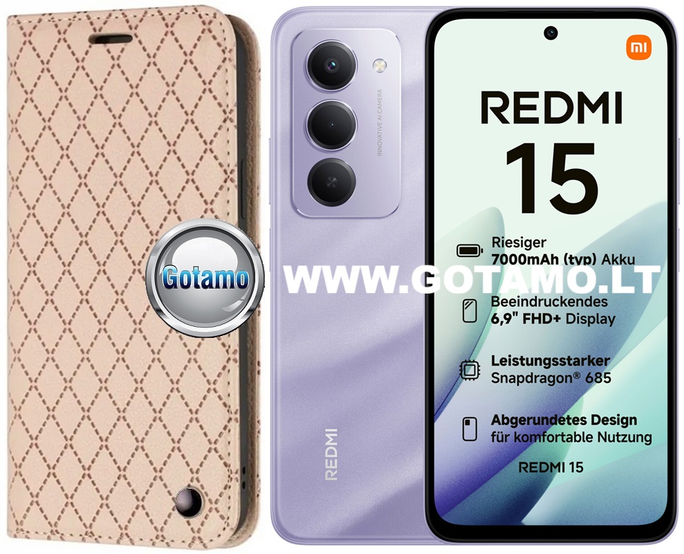 Dalton magnetinis dėklas knygelė Xiaomi Redmi 15 4G – smėlio spalvos