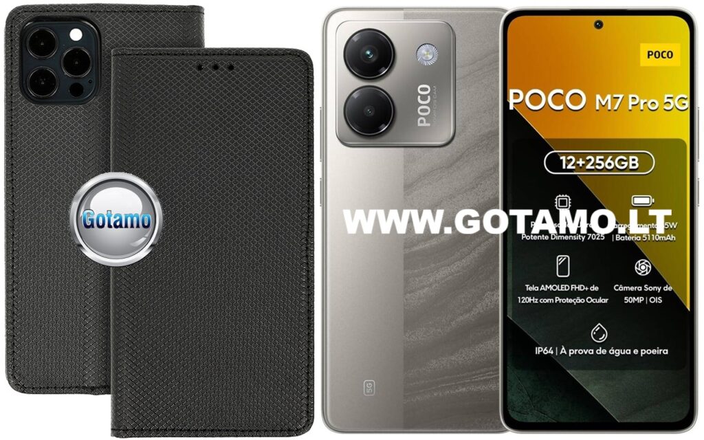 Dėklas knygutė Re-Grid magnetinis – Xiaomi Poco M7 Pro 5G, juodos spalvos