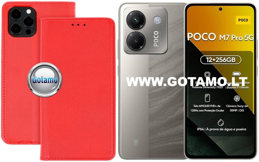 Dėklas knygutė Re-Grid magnetinis – Xiaomi Poco M7 Pro 5G, raudonos spalvos