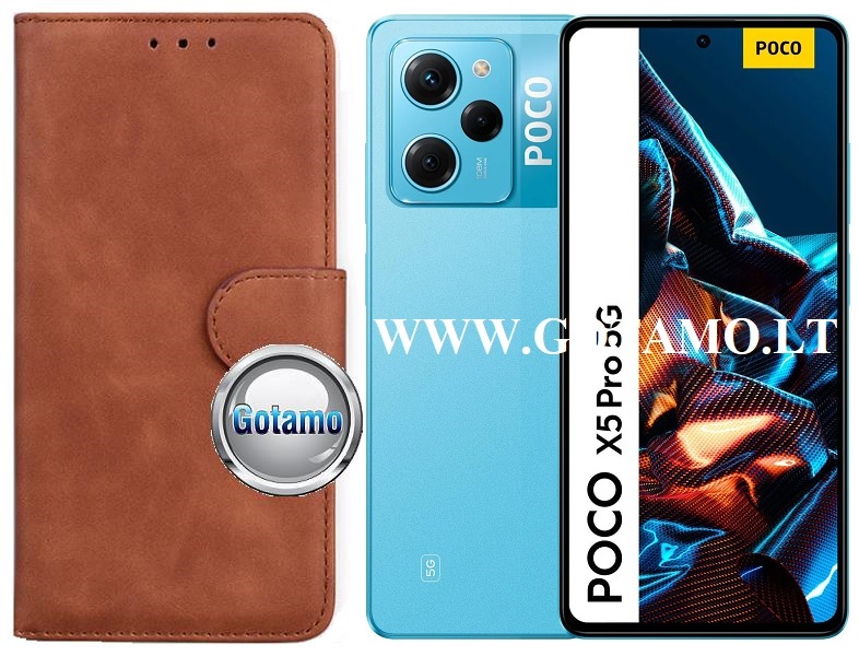 Diary Mate2 dėklas Xiaomi Poco X5 Pro mobiliajam telefonui rudos spalvos