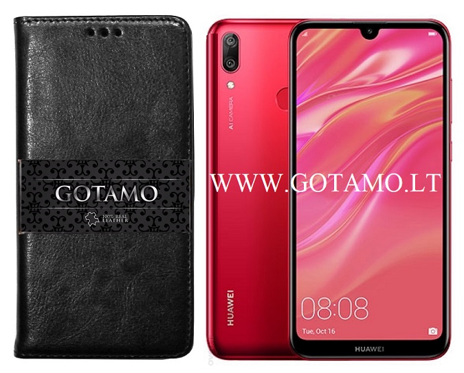 Gotamo D-gravity natūralios odos dėklas Huawei Y7 (2019) mobiliesiems telefonams juodos spalvos