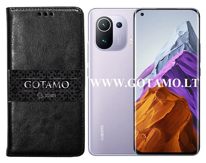 Gotamo D-Gravity natūralios odos dėklas Xiaomi Mi 11, Xiaomi Mi 11 Pro mobiliesiems telefonams juodos spalvos