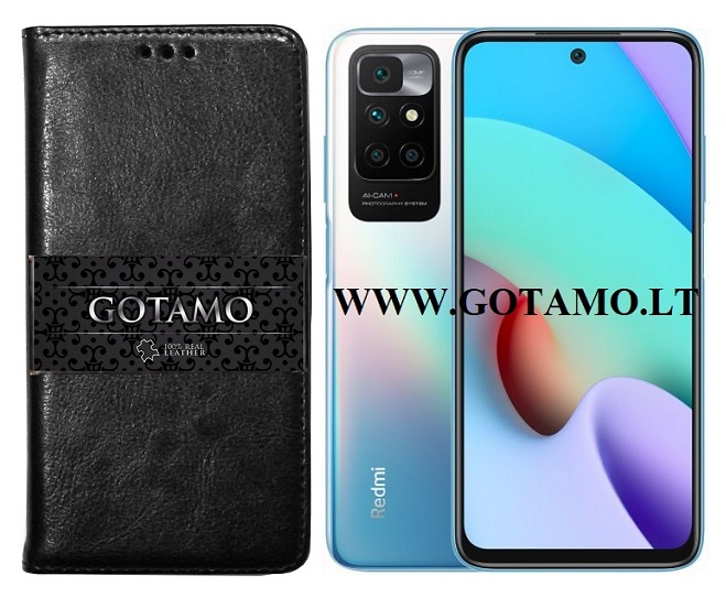 Gotamo D-Gravity natūralios odos dėklas Xiaomi Redmi 10, Xiaomi Redmi Note 11 4G mobiliesiems telefonams juodos spalvos