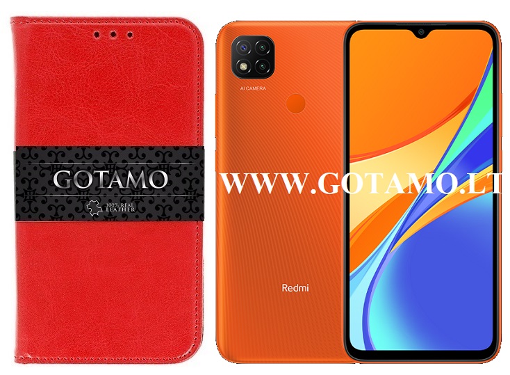 Gotamo D-gravity natūralios odos dėklas Xiaomi Redmi 9C, Xiaomi Redmi 10A mobiliesiems telefonams raudonos spalvos