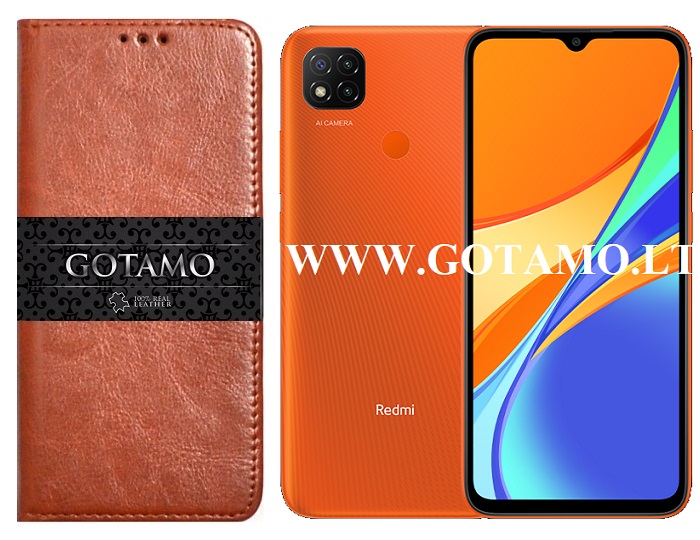 Gotamo D-gravity natūralios odos dėklas Xiaomi Redmi 9C, Xiaomi Redmi 10A mobiliesiems telefonams rudos spalvos