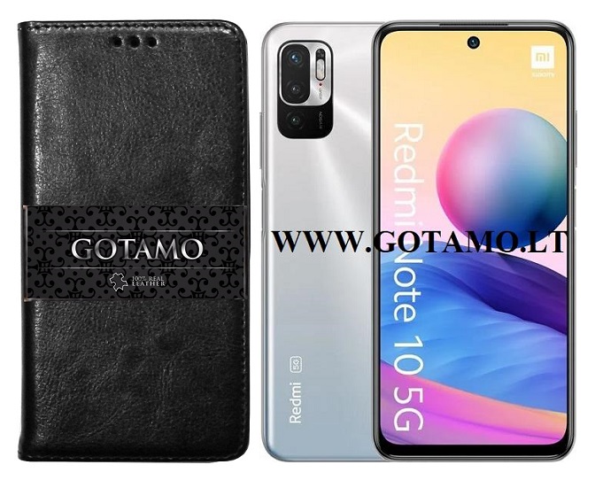 Gotamo D-Gravity natūralios odos dėklas Xiaomi Redmi Note 10 5G, Xiaomi Redmi Note 10T 5G, Xiaomi Poco M3 Pro 5G mobiliesiems telefonams juodos spalvos