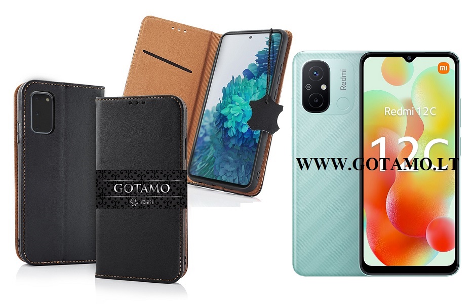 Gotamo Vintage natūralios odos dėklas Xiaomi Redmi 12C mobiliajam telefonui juodos spalvos