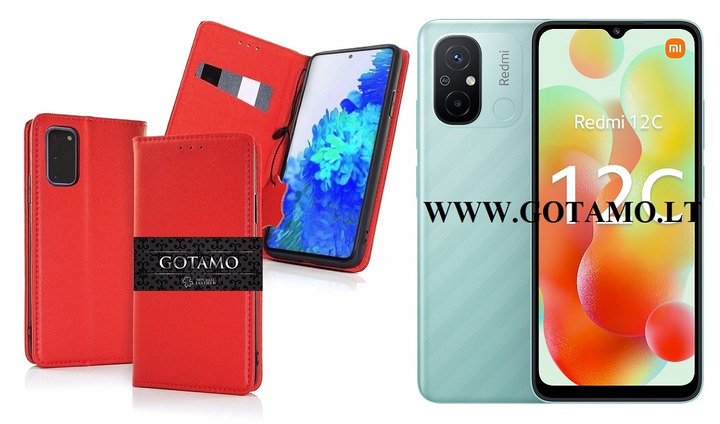 Gotamo Vintage natūralios odos dėklas Xiaomi Redmi 12C mobiliajam telefonui raudonos spalvos