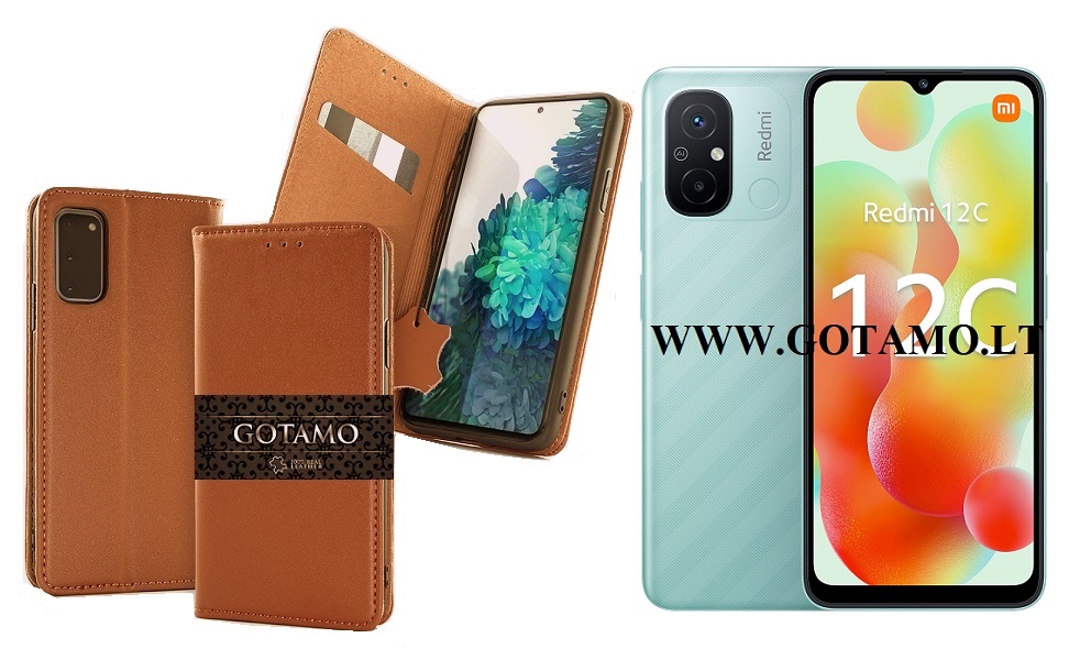 Gotamo Vintage natūralios odos dėklas Xiaomi Redmi 12C mobiliajam telefonui rudos spalvos