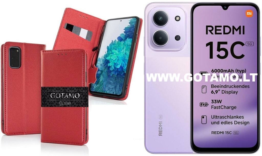 Gotamo Vintage natūralios odos dėklas Xiaomi Redmi 15C 5G, bordo