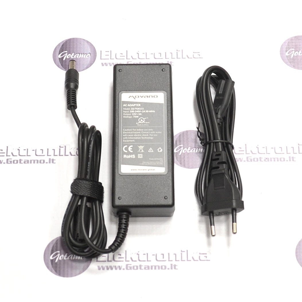 Nešiojamo kompiuterio kroviklis 15V 5A (75W) 6.3mm x 3.0mm Movano 2 Nešiojamo kompiuterio kroviklis 15V 5A