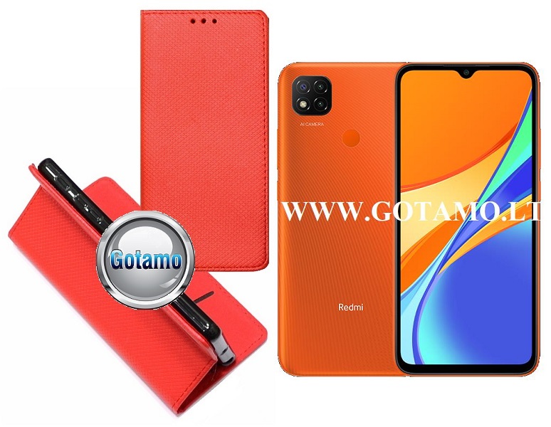 Re-Grid magnetinis dėklas Xiaomi Redmi 9C, Xiaomi Redmi 10A telefonams raudonos spalvos