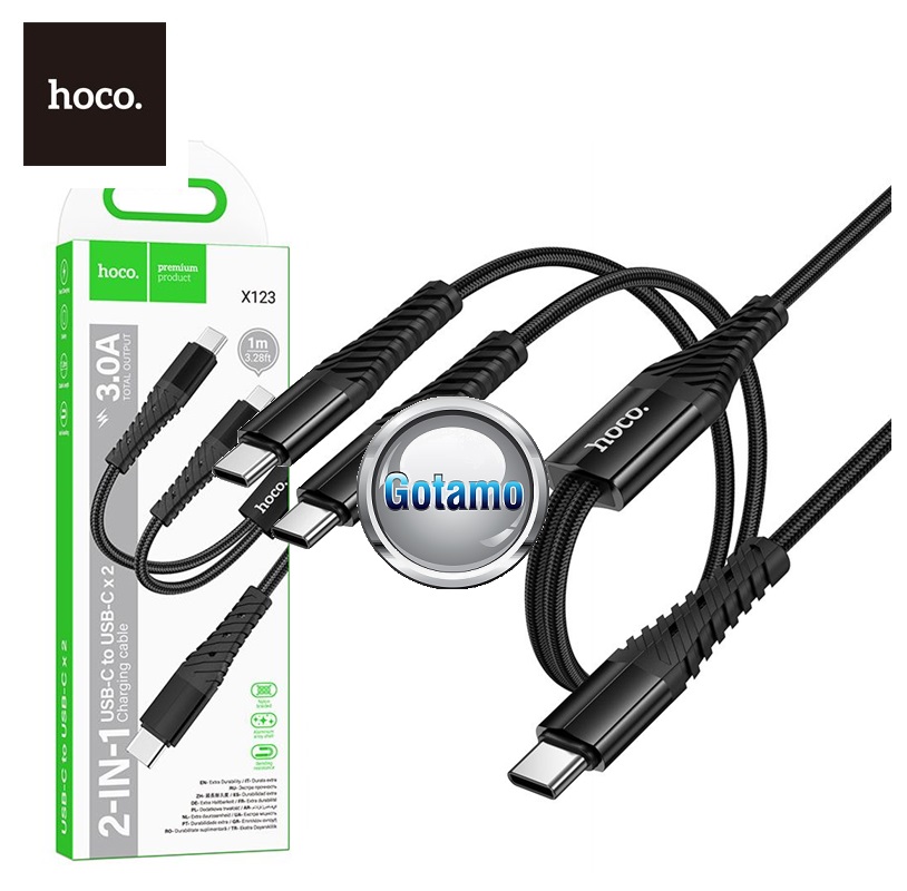 Type-C į 2x Type-C laidas 1 metras 60W Hoco juodos spalvos