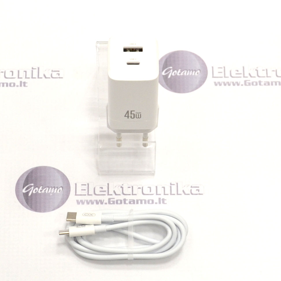 Type-C tinklo kroviklis 45W GaN ir Type-C į Type-C laidas XO baltos spalvos 2 Type-C tinklo kroviklis 45W