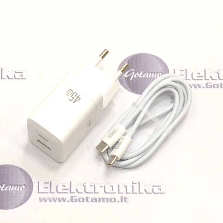 Type-C tinklo kroviklis 45W GaN ir Type-C į Type-C laidas XO baltos spalvos 3 Type-C tinklo kroviklis 45W