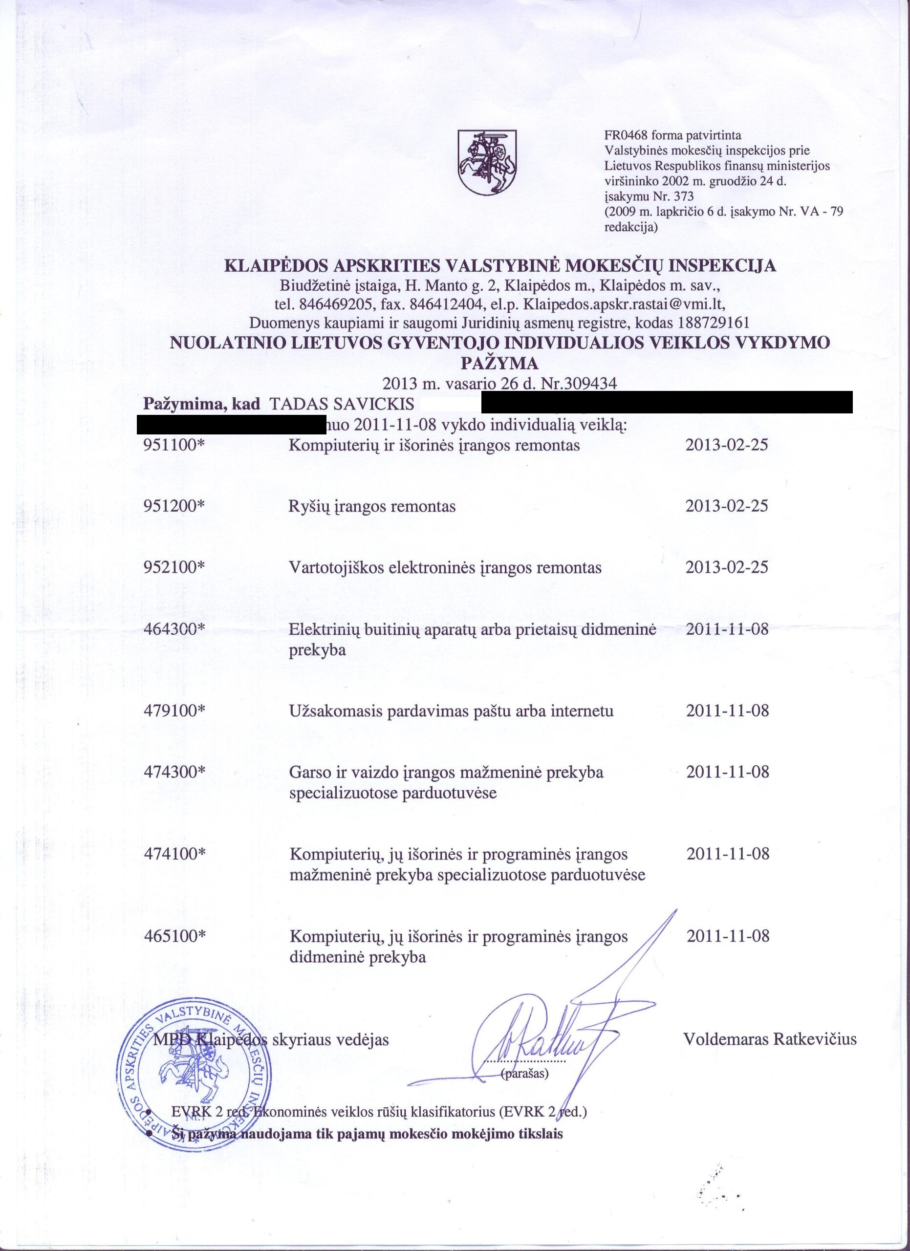 Kontaktai 1 Individualios veiklos pažyma Nr. 309434
