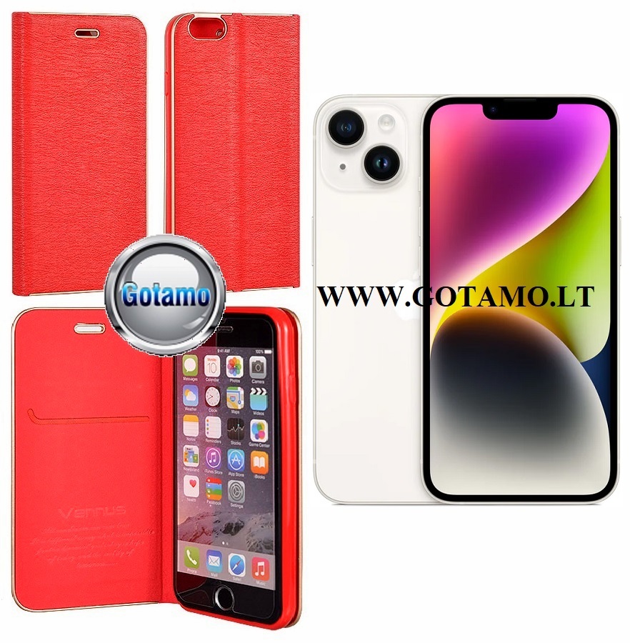 Vennus diary magnetinis deklas Apple iPhone 14 raudonos