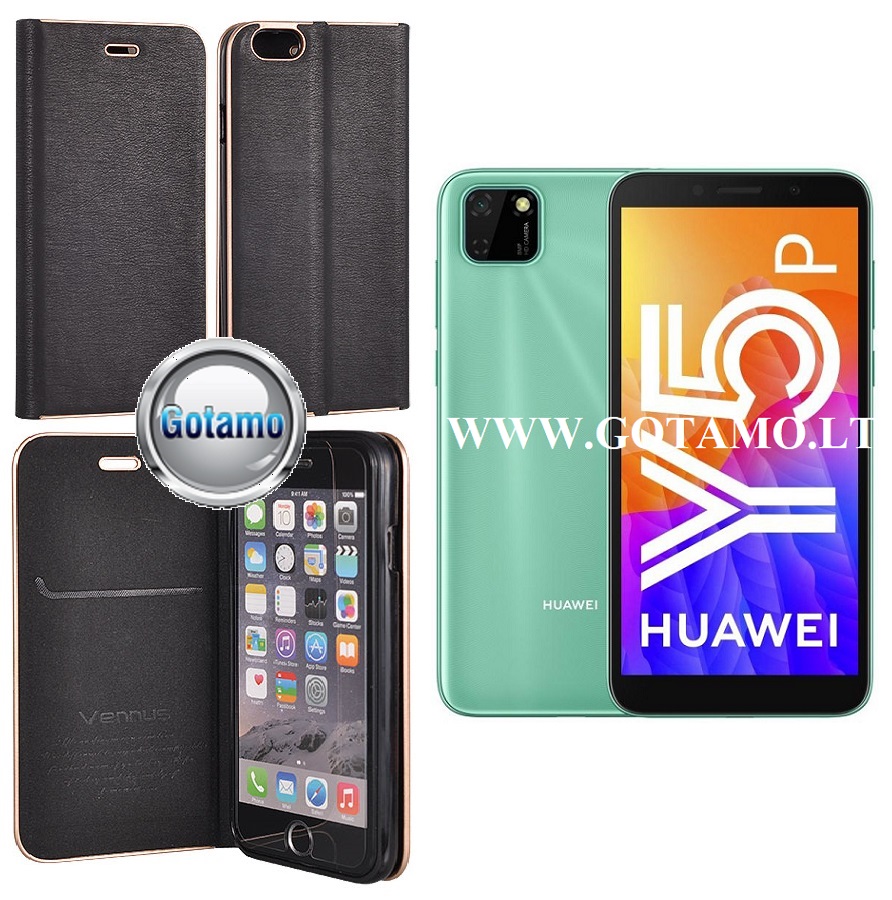 Vennus Diary magnetinis dėklas Huawei Y5p telefonams juodos spalvos