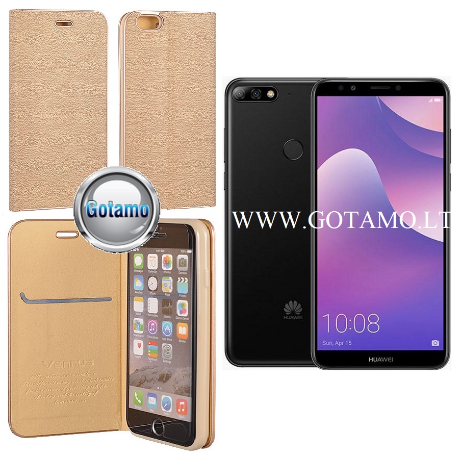 Vennus Diary magnetinis dėklas Huawei Y7 (2018) Huawei Honor 7C telefonams aukso spalvos