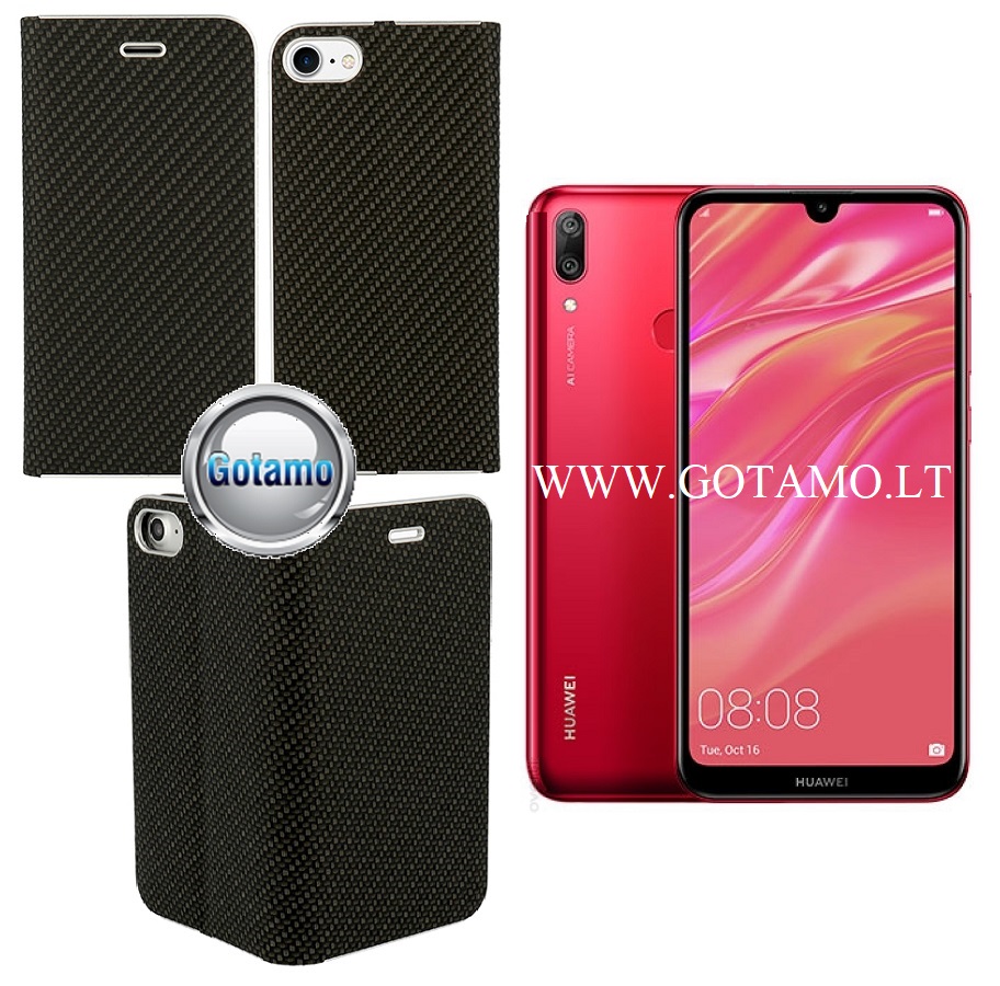 Vennus Diary magnetinis dėklas Huawei Y7 (2019) telefonams Carbon juodos spalvos