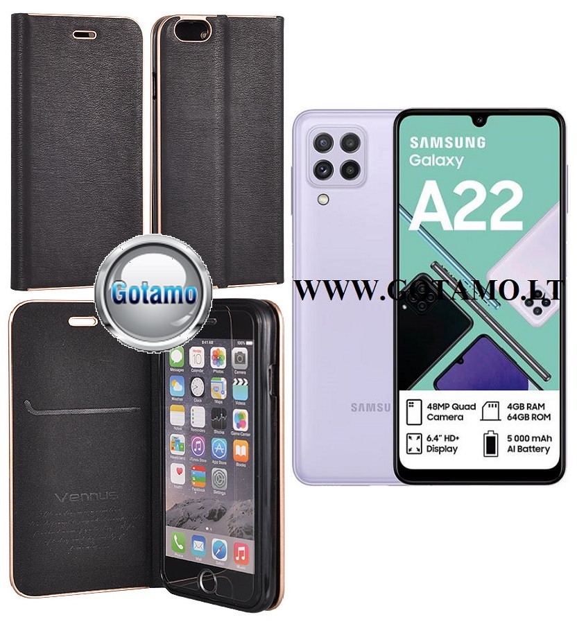 Vennus Diary magnetinis dėklas Samsung Galaxy A22 juodos spalvos