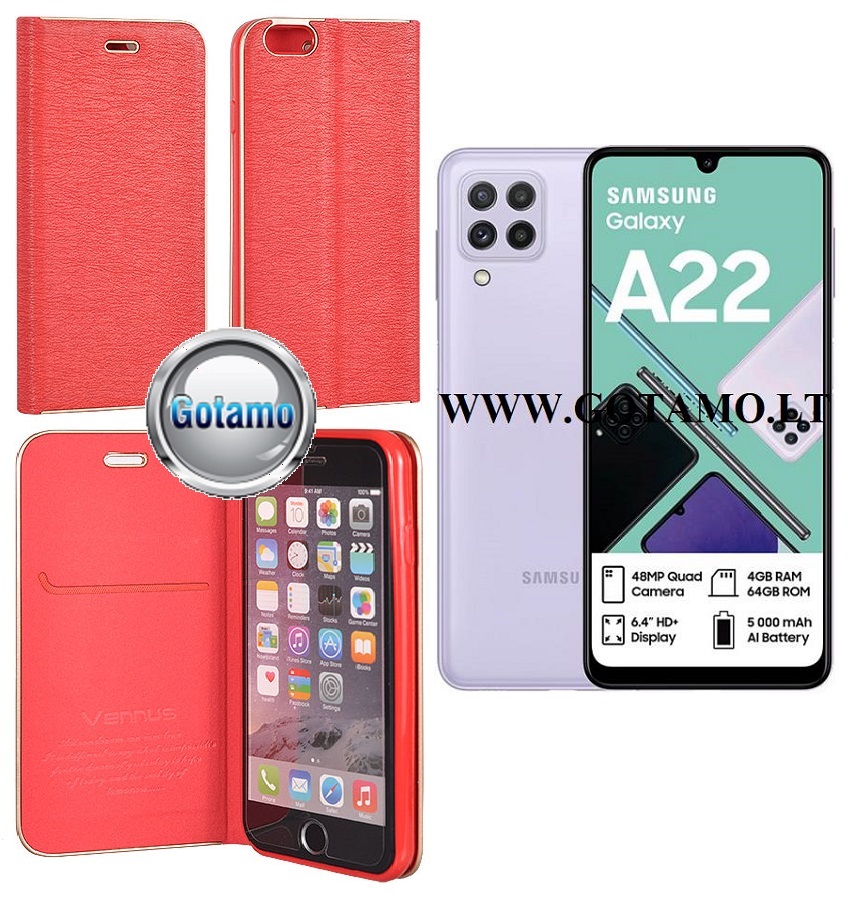 Vennus Diary magnetinis dėklas Samsung Galaxy A22 raudonos spalvos