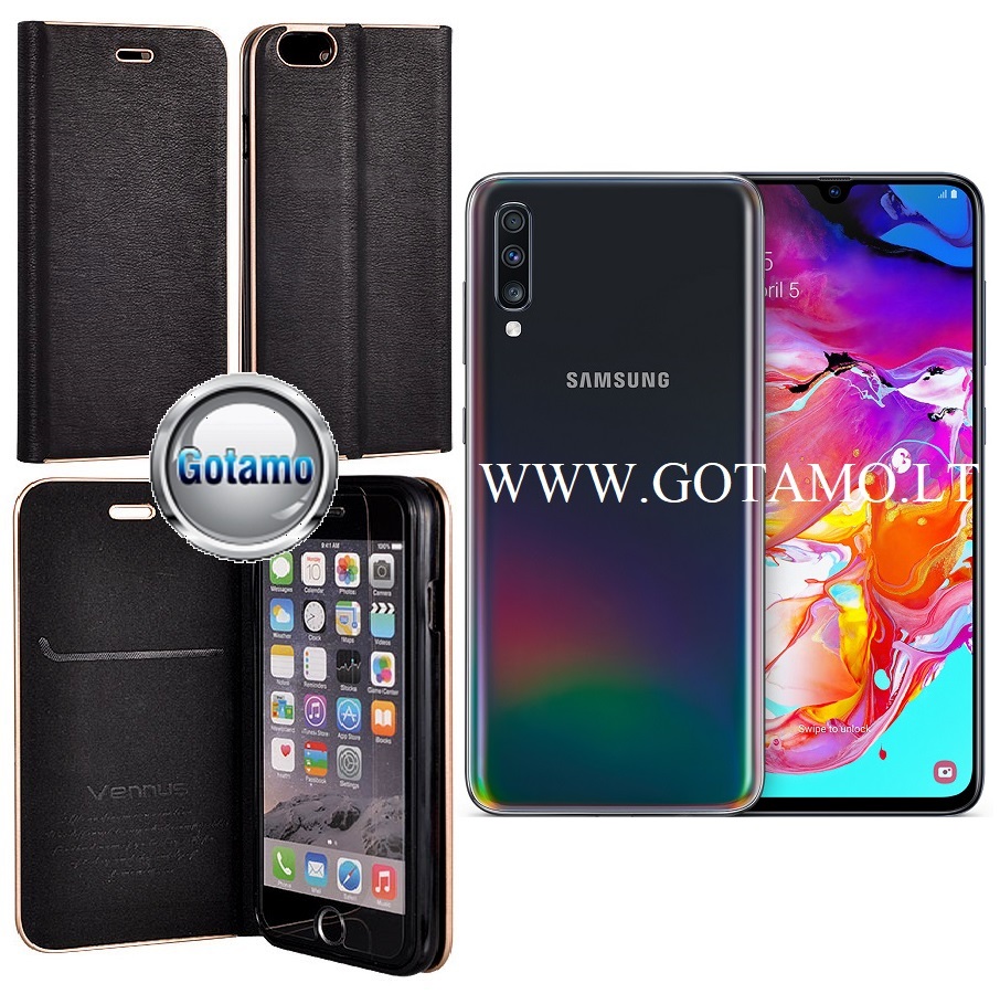 Vennus Diary magnetinis dėklas Samsung Galaxy A70 juodos spalvos