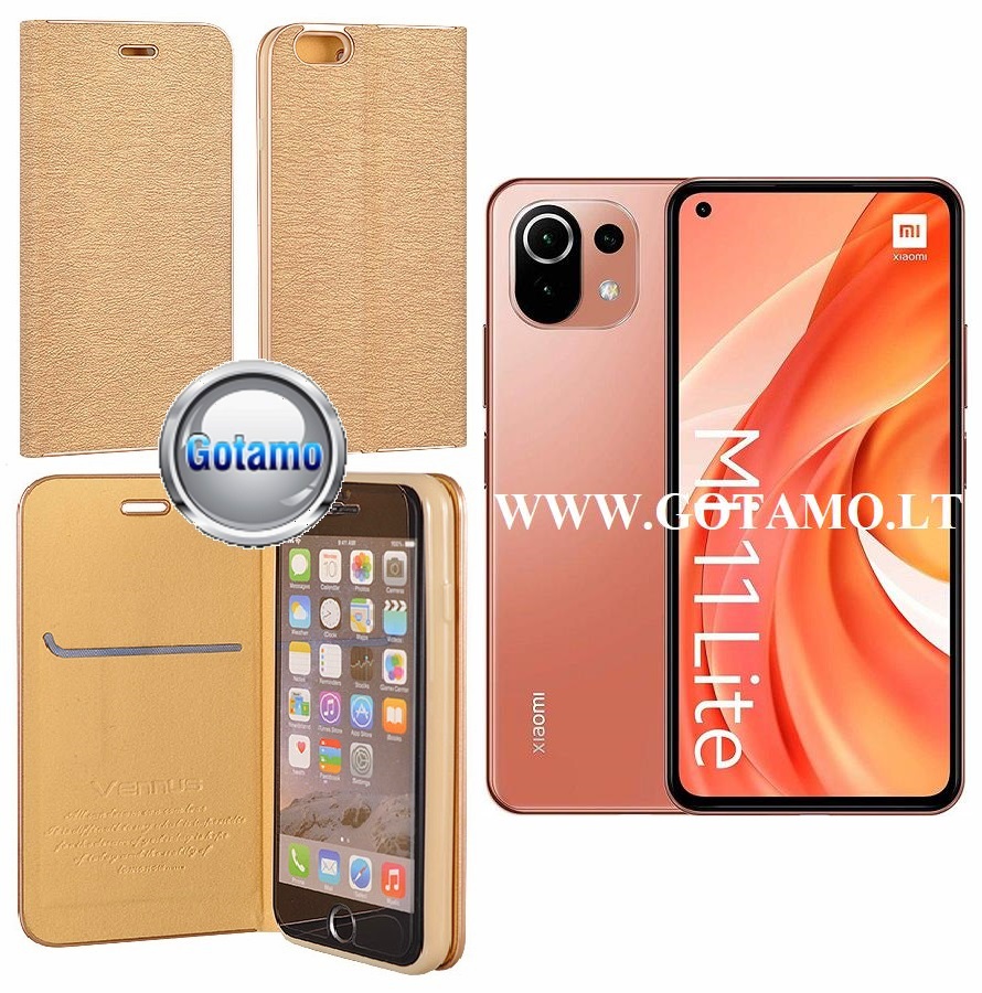 Vennus Diary magnetinis dėklas Xiaomi Mi 11 Lite, Xiaomi Mi 11 Lite 5G telefonams aukso spalvos