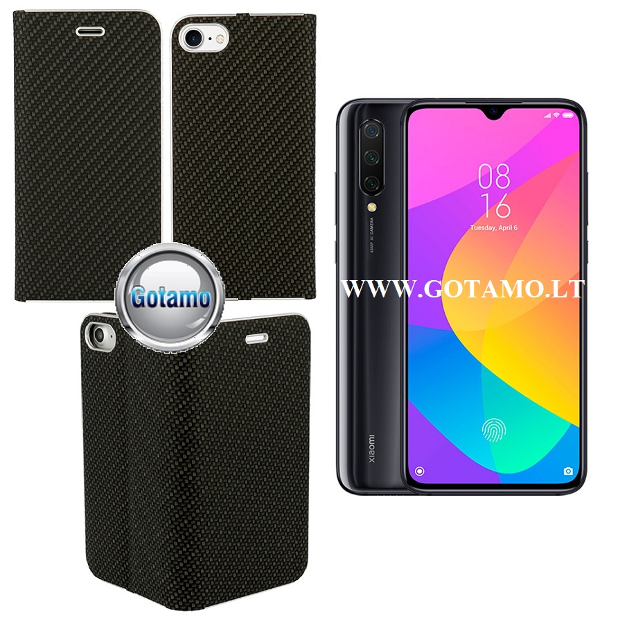 Vennus Diary magnetinis dėklas Xiaomi Mi 9 Lite telefonams Carbon juodos spalvos
