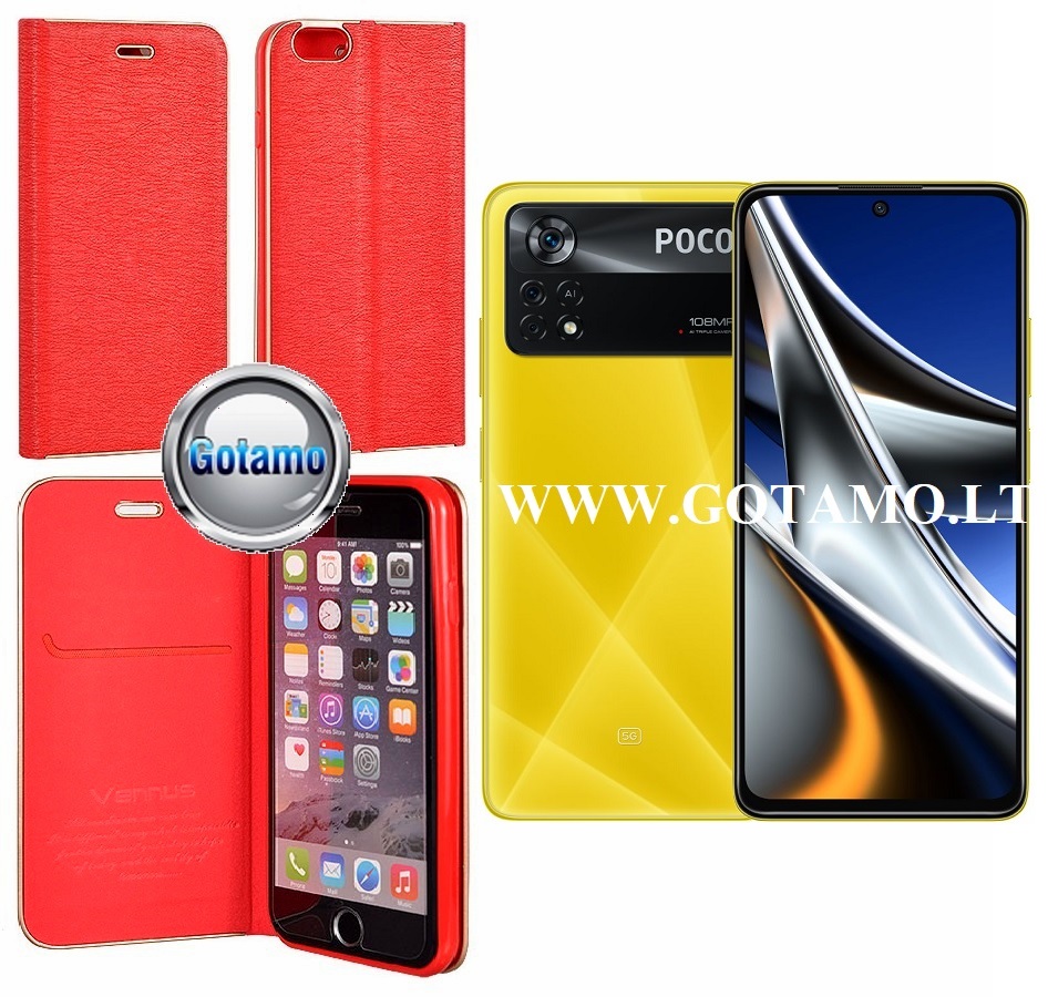 Vennus Diary magnetinis dėklas Xiaomi Poco X4 Pro 5G telefonui raudonos spalvos