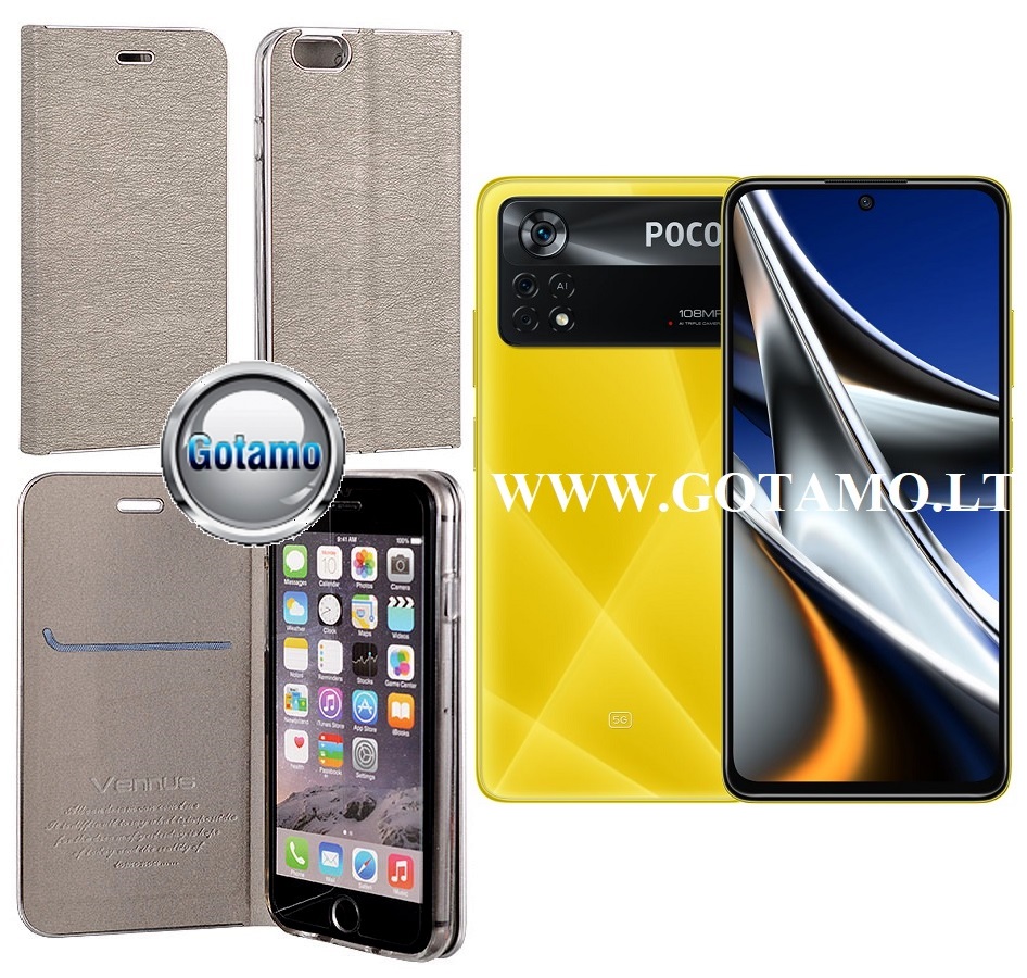 Vennus Diary magnetinis dėklas Xiaomi Poco X4 Pro 5G telefonui sidabro spalvos