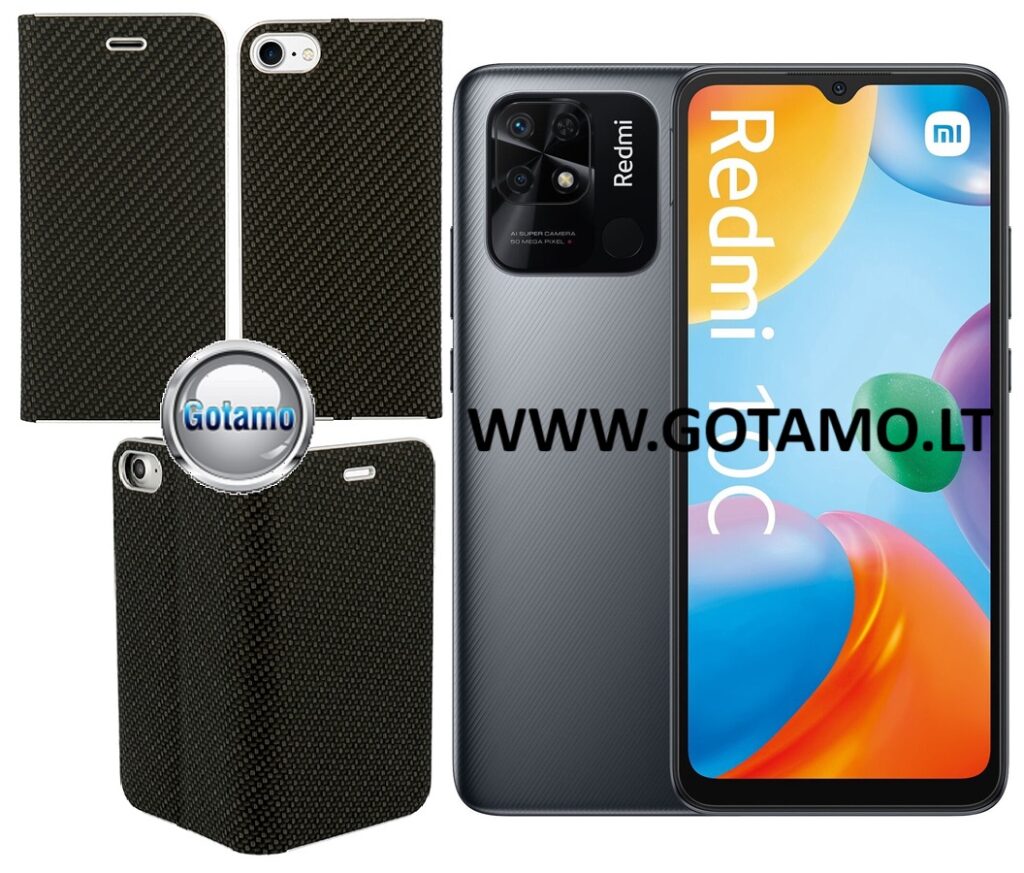 Vennus Diary magnetinis dėklas Xiaomi Redmi 10C, Xiaomi Poco C40 telefonams Carbon juodos spalvos