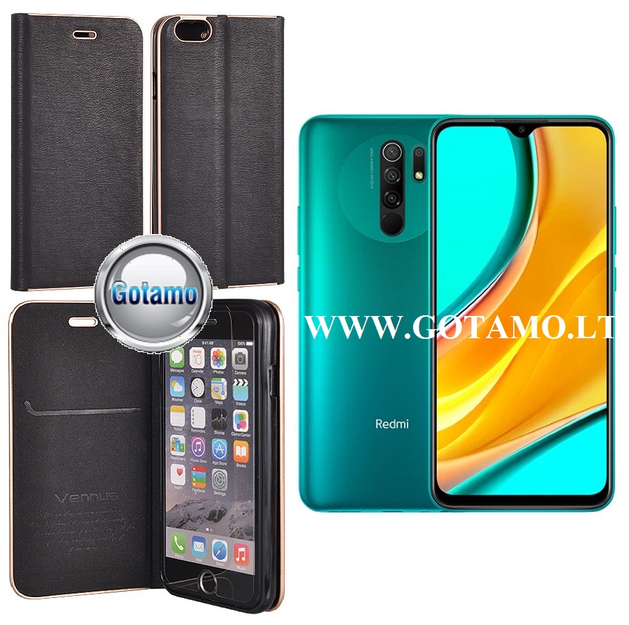 Vennus Diary magnetinis dėklas Xiaomi Redmi 9 telefonams juodos spalvos