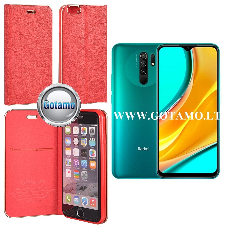 Vennus Diary magnetinis dėklas Xiaomi Redmi 9 telefonams raudonos spalvos