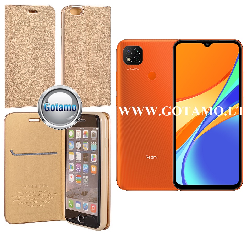 Vennus Diary magnetinis dėklas Xiaomi Redmi 9C, Xiaomi Redmi 10A telefonams aukso spalvos