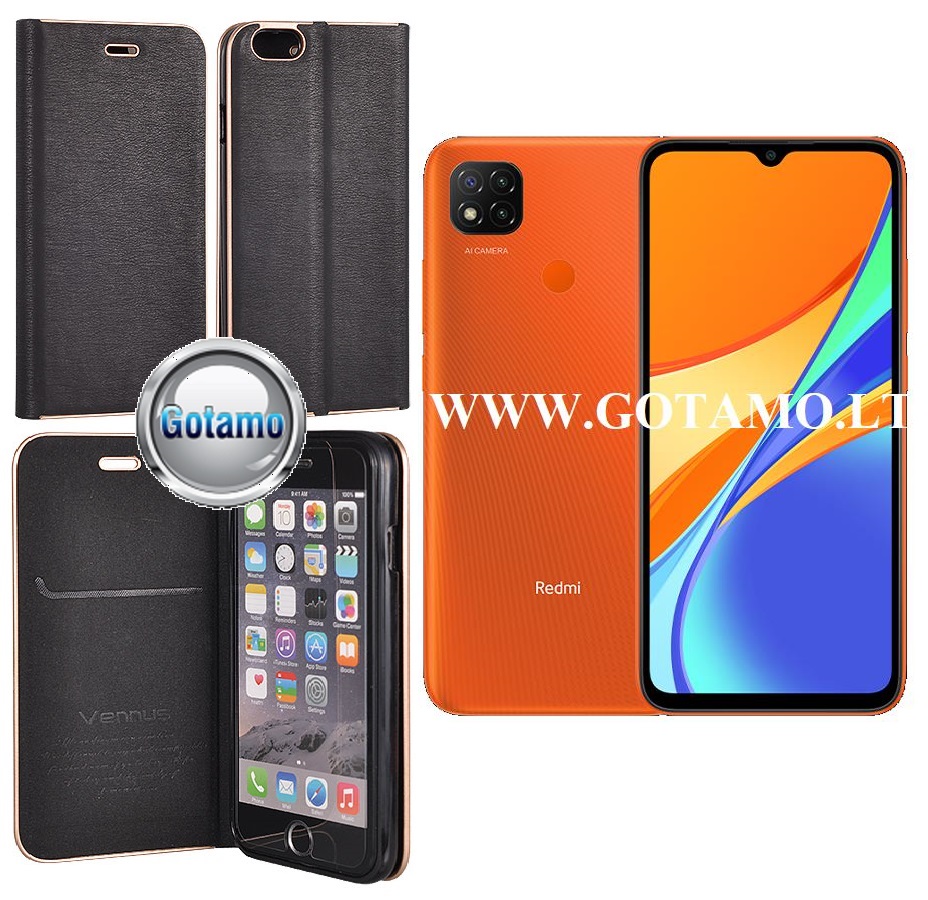Vennus Diary magnetinis dėklas Xiaomi Redmi 9C, Xiaomi Redmi 10A telefonams juodos spalvos