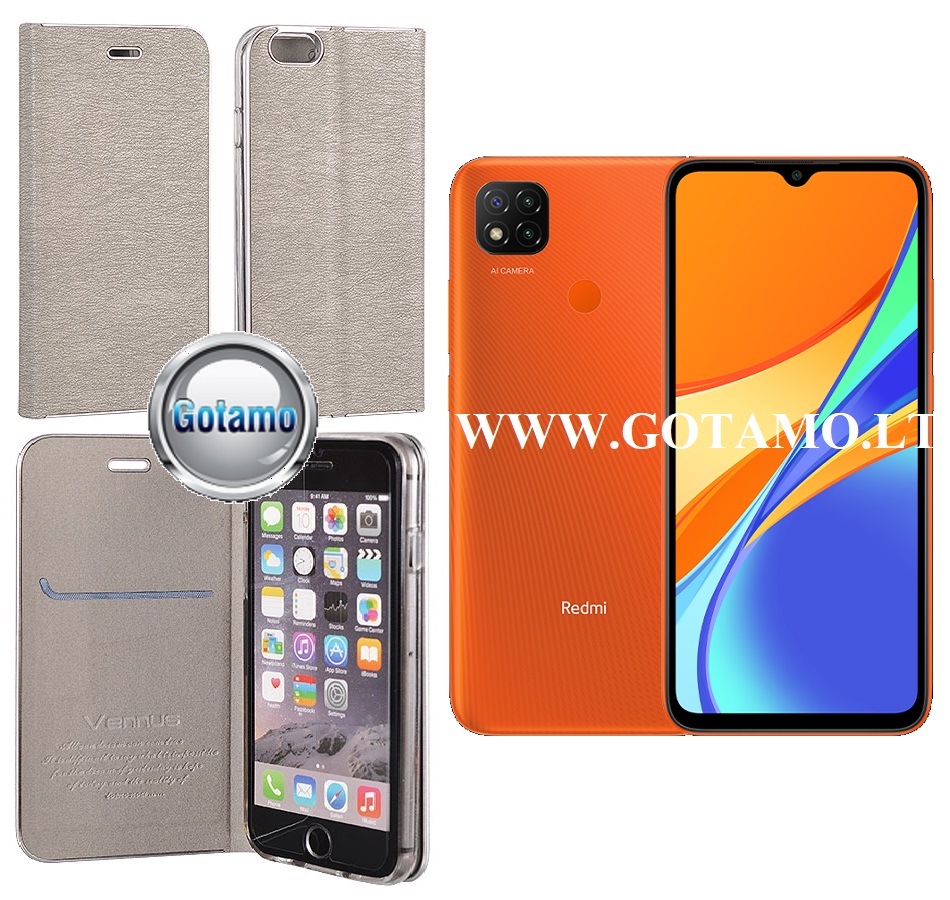 Vennus Diary magnetinis dėklas Xiaomi Redmi 9C, Xiaomi Redmi 10A telefonams sidabro spalvos