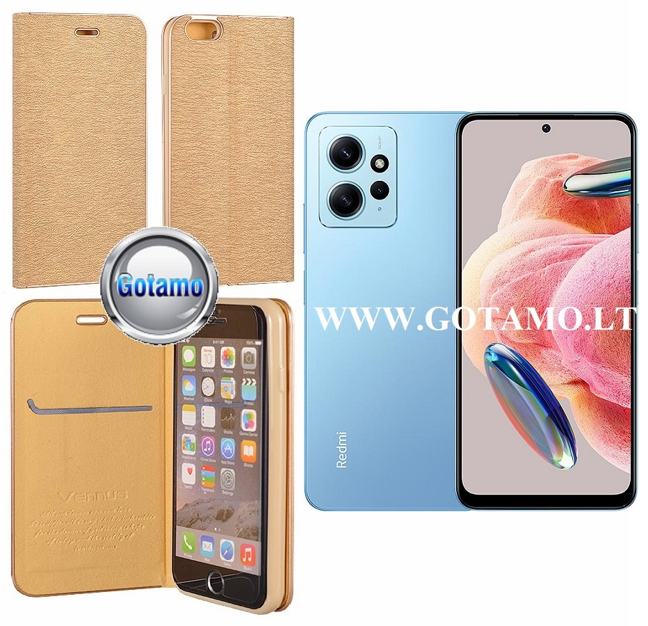 Vennus Diary magnetinis dėklas Xiaomi Redmi Note 12 4G telefonui aukso spalvos