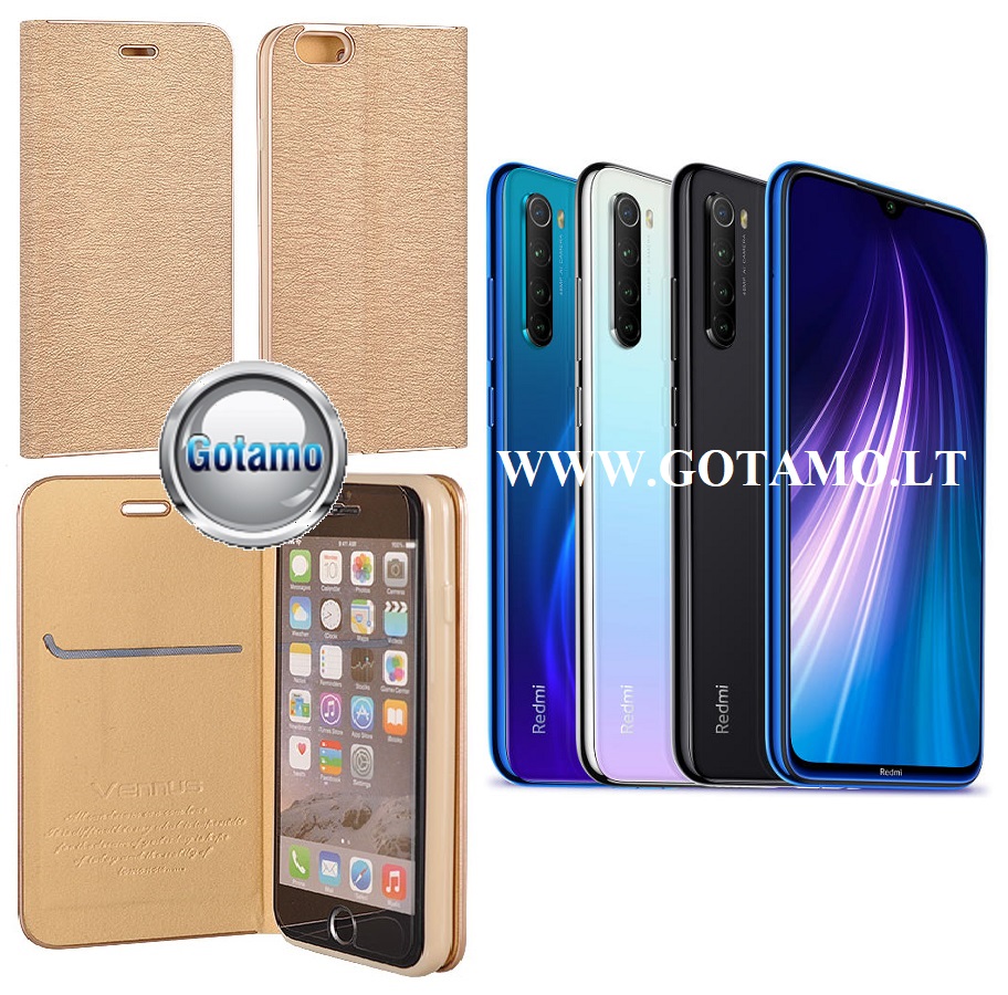 Vennus Diary magnetinis dėklas Xiaomi Redmi Note 8 telefonams aukso spalvos