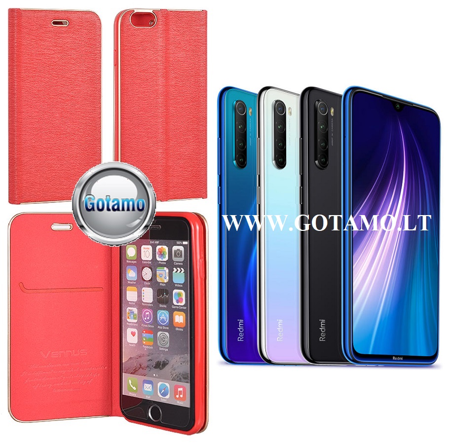 Vennus Diary magnetinis dėklas Xiaomi Redmi Note 8 telefonams raudonos spalvos