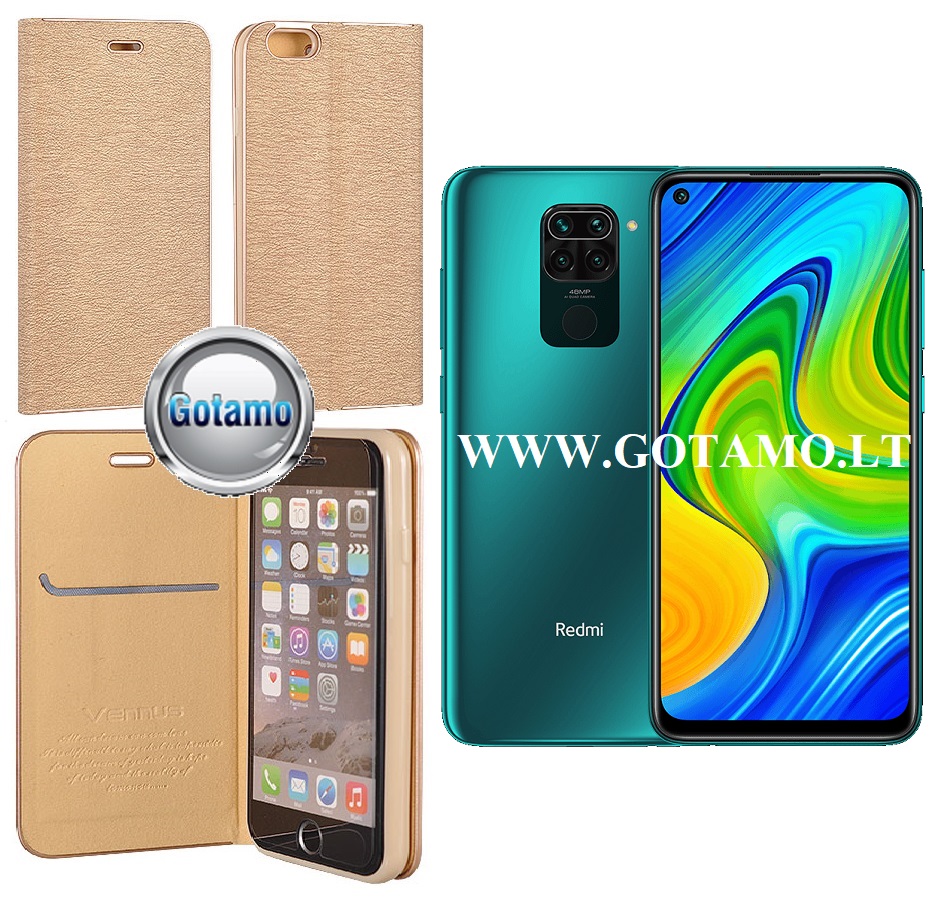 Vennus Diary magnetinis dėklas Xiaomi Redmi Note 9 telefonams aukso spalvos