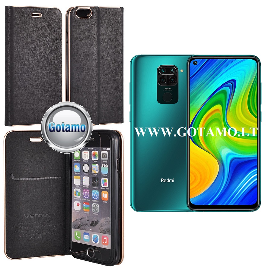 Vennus Diary magnetinis dėklas Xiaomi Redmi Note 9 telefonams juodos spalvos