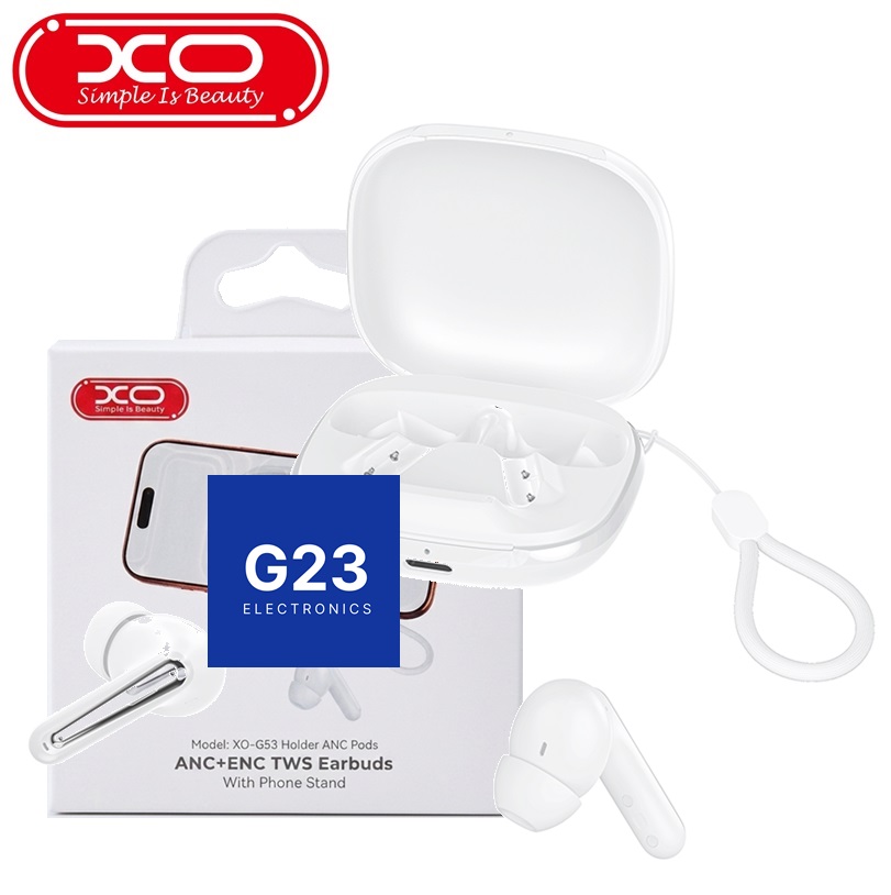 Bluetooth ausinės XO Holder ANC+ENC Pods baltos spalvos su įkrovimo dėklu ir pakuote
