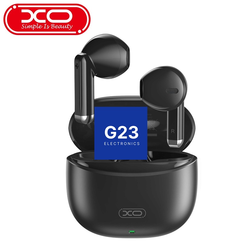 Bluetooth ausinės XO Mini Jade Crystals juodos spalvos 7 Juodos XO Mini Jade Crystals TWS ausinės virš atidaryto įkrovimo dėklo