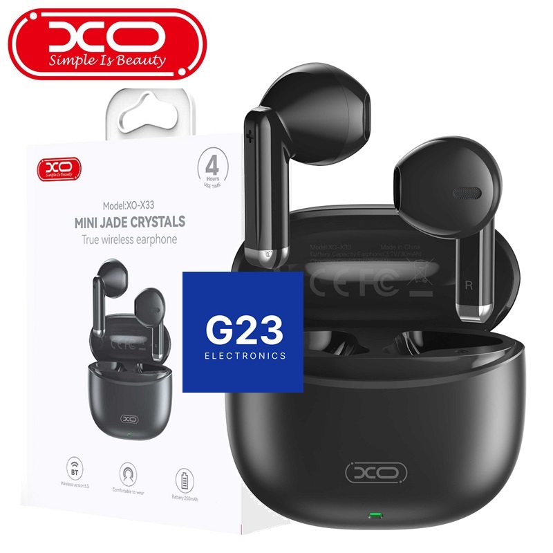 Bluetooth ausinės XO Mini Jade Crystals juodos spalvos su įkrovimo dėklu ir pakuote