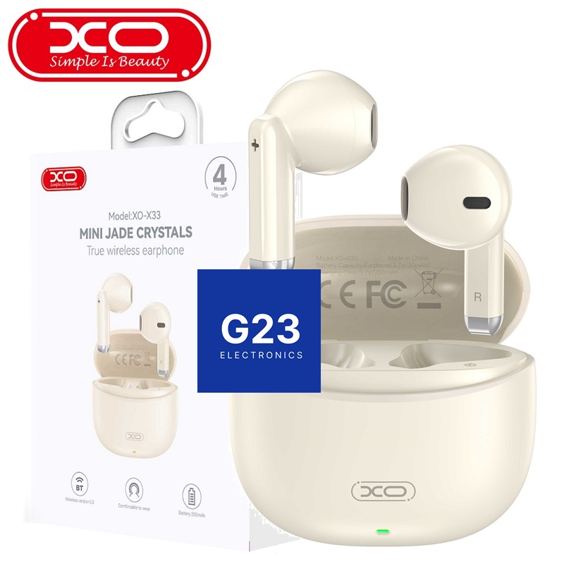 Bluetooth ausinės XO Mini Jade Crystals kreminės spalvos su įkrovimo dėklu ir pakuote