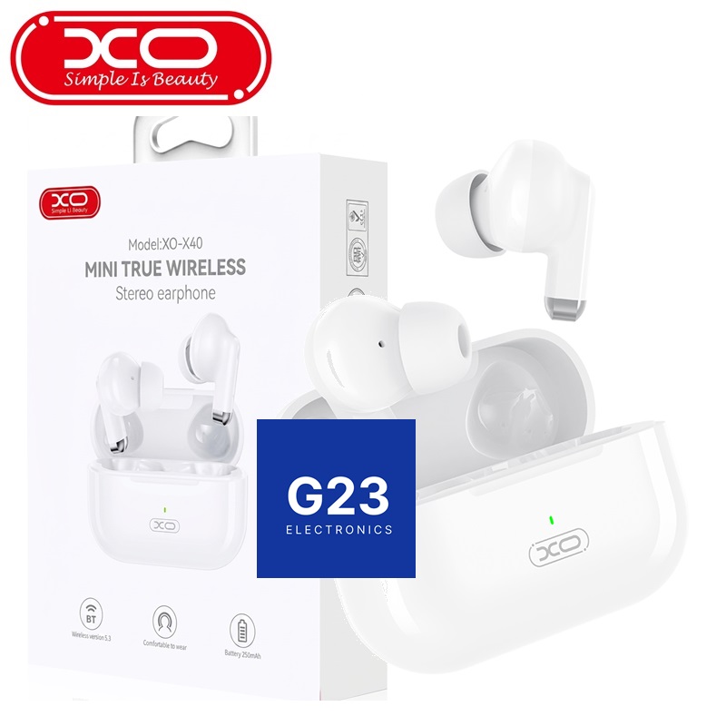 Bluetooth ausinės XO Mini True Wireless baltos spalvos su įkrovimo dėklu ir pakuote