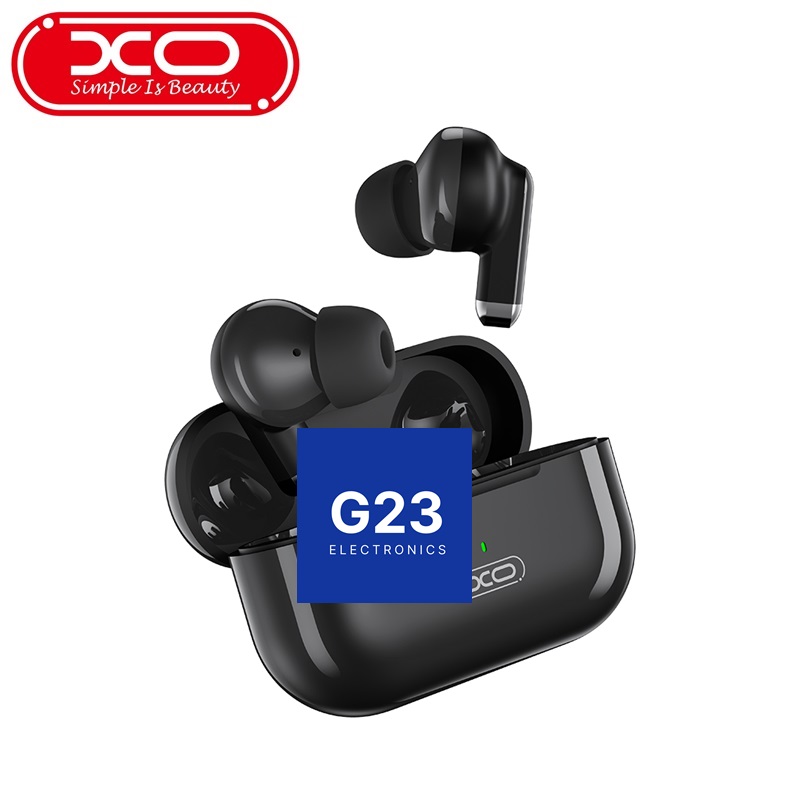 Bluetooth ausinės XO Mini True Wireless juodos spalvos 8 Juodos XO Mini True Wireless Bluetooth ausinės virš atidaryto įkrovimo dėklo